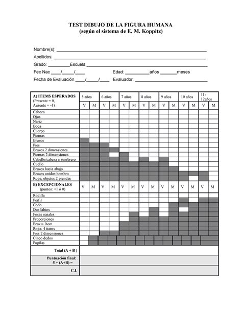 Protocolo DFH Koppitz TEST DIBUJO DE LA FIGURA HUMANA según el