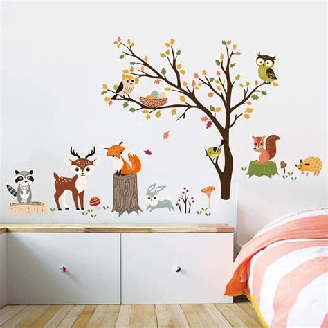 Stickers Muraux Animaux Forêt Arbre Autocollant Mural Hibou Renard Cerf