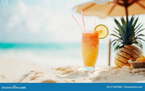 A Delicious Cold Cocktail Drink With A Colorful Umbrella And Tropical