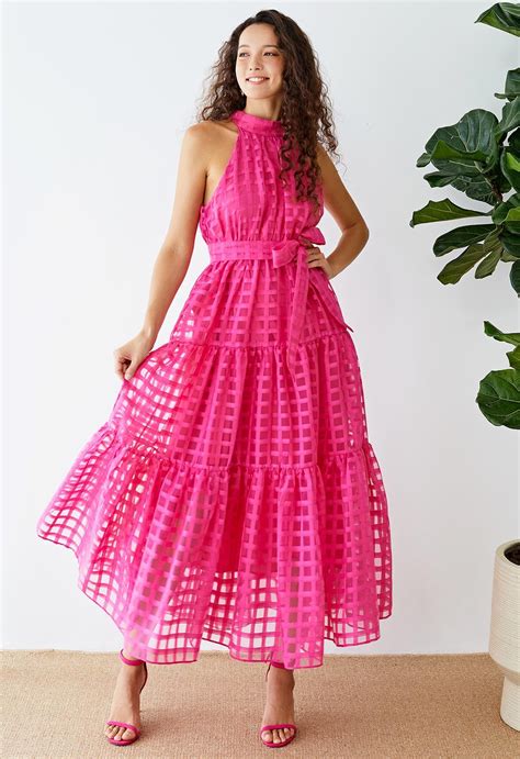 Check Halter Neck Tie Waist Maxi Dress In Hot Pink Retro Indie And