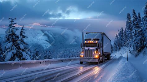 Premium Photo | A semi truck driving down a snowy road at night with a ...