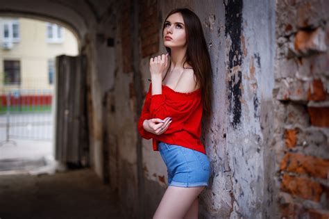 Download Blue Eyes Brunette Long Hair Shorts Depth Of Field Woman Model Hd Wallpaper By Maxim