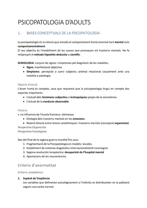 Resumen Psicopato PSICOPATOLOGIA DADULTS 1 BASES CONCEPTUALS DE LA