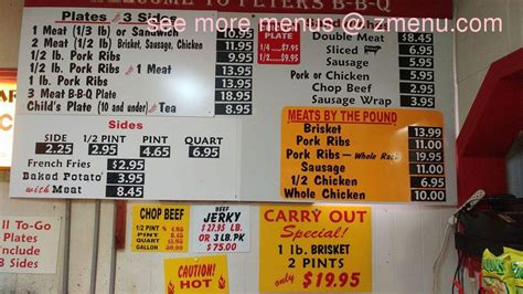 Menu at Peters BBQ, Ellinger