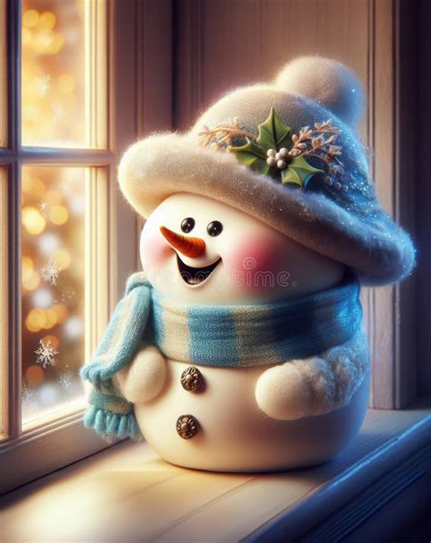 Un Lindo Muñeco De Nieve Parado En La Ventana Stock de ilustración