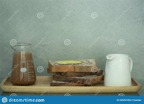 Set Of Easy Breakfast Hot Coffee Milk And Bread Stock Photo Image