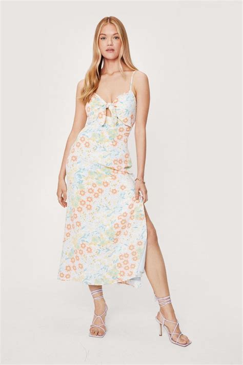 Womens Floral Print Tie Front Midi Dress Boohoo Uk