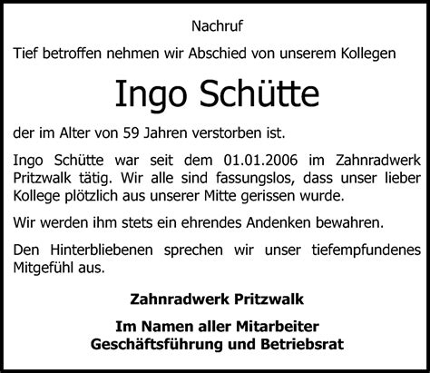 Traueranzeigen von Ingo Schütte trauer anzeigen de