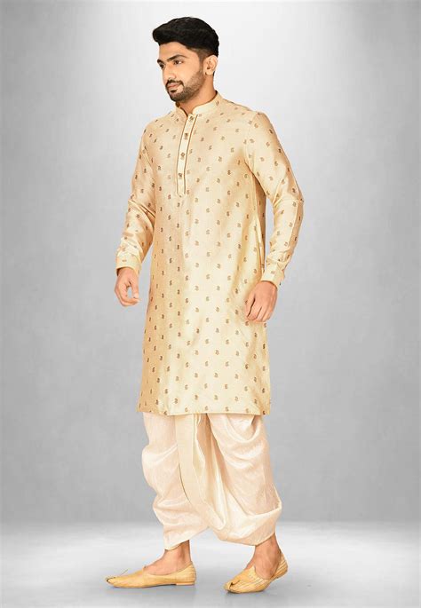 Buy Woven Art Silk Jacquard Dhoti Kurta In Light Beige Online Mlc