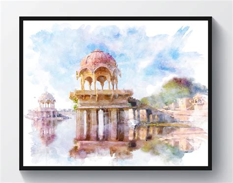 India Landscape Watercolor Art Taj Mahal India Gate Gutub Etsy