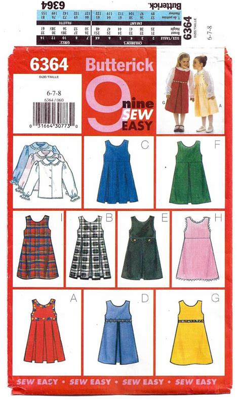 Girls Jumper Dress And Blouse Sewing Pattern Size 6 7 8 Uncut Butterick 6364