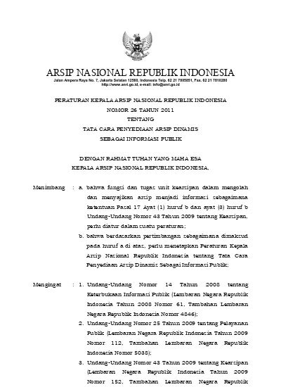 PERATURAN KEPALA ARSIP NASIONAL REPUBLIK INDONESIA NOMOR 26 TAHUN 2011