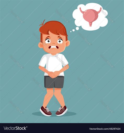 Little boy holding his tummy urging to pee Vector Image