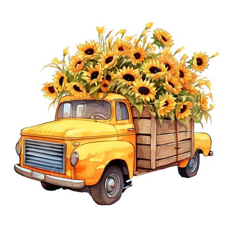 Sunflowers Pickup Truck Cartoon Drawing Truck Pickup Transport Png