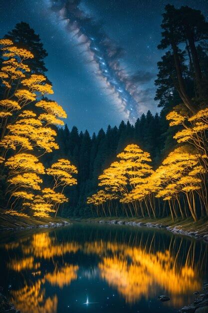 Bosque Brillante Con Lago En La Noche Con Cielo Estrellado Foto Premium