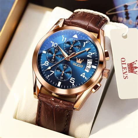 Olevs Original Quartz Watch For Men Leather Strap Chronograph M