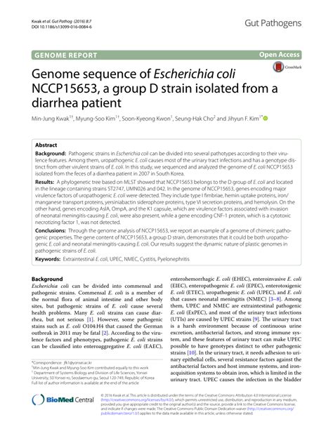 Pdf Genome Sequence Of Escherichia Coli Nccp A Group D Strain