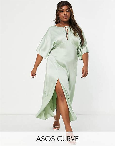 Asos Design Curve Paneled Satin Midi Dress With Keyhole In Sage Green