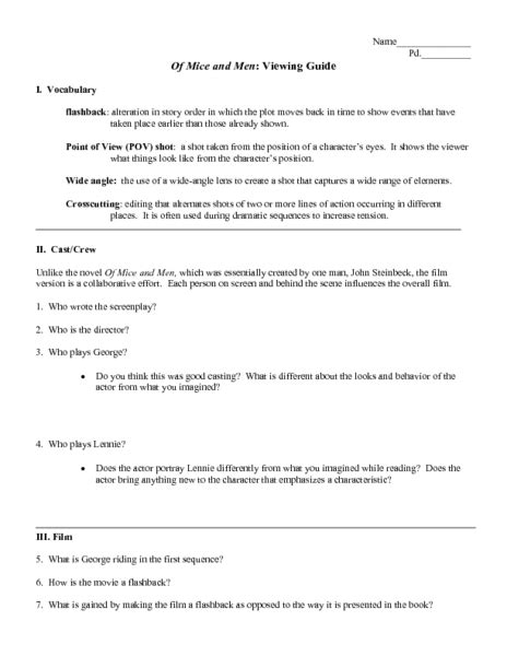 Of Mice And Men Viewing Guide Lesson Plan For 8th 12th Grade