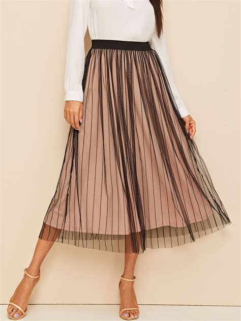 High Waist Striped Mesh Overlay Skirt Shein Usa