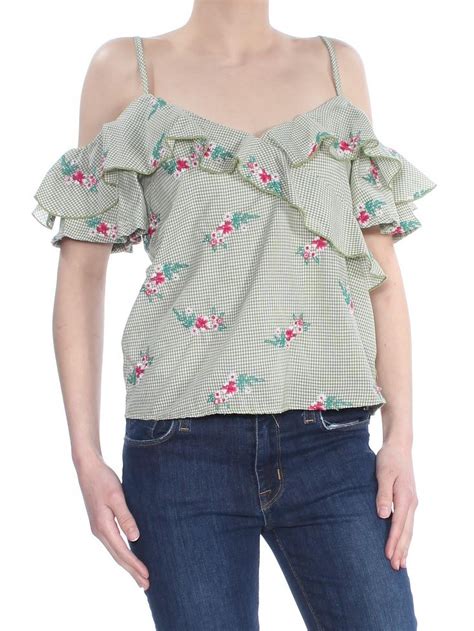 GYPSIES MOONDUST Womens Green Embroidered Check Off Shoulder Top