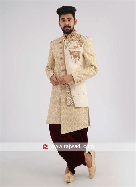 Golden Cream Silk Wedding Sherwani