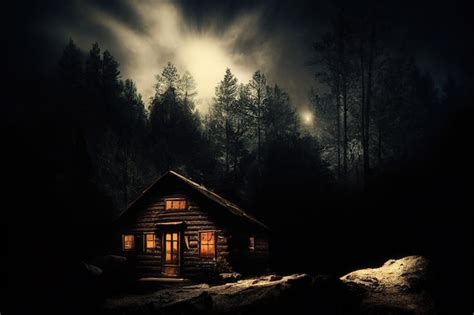 Premium Photo Cabin In The Very Dark Woods At Night