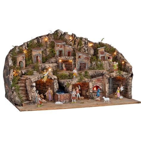 Presepe Illuminato Con Grotte Casette Ruscello E Forno Funzionante