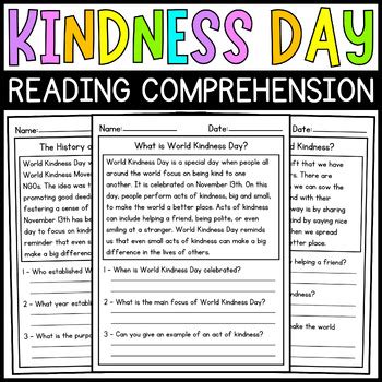 World Kindness Day Reading Comprehension Passages Kindness Day Activities