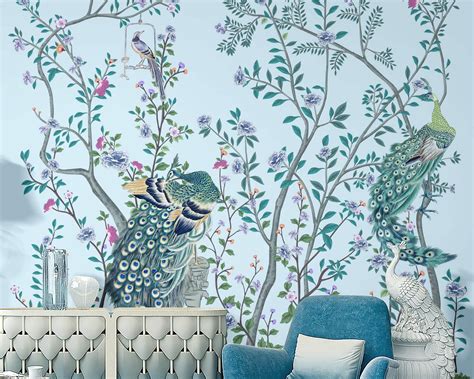 Nauzha Blue Chinoiserie Wallpaper Mural Vintage Silk Wall Etsy