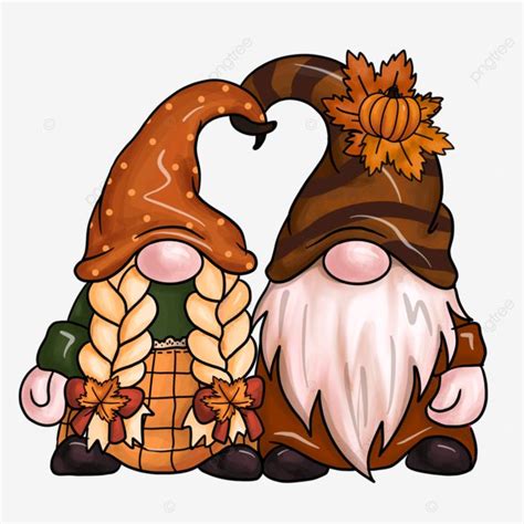 Two Gnomes Sitting Next To Each Other With Autumn Decorations On Their