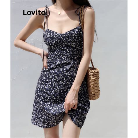 Lovito Women Casual Ditsy Floral Lace Up Dress Lne Navy Blue