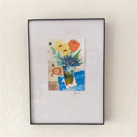 Yellow Flowers Vase Floral ORIGINAL COLLAGE Art Greeting Card Monoprint