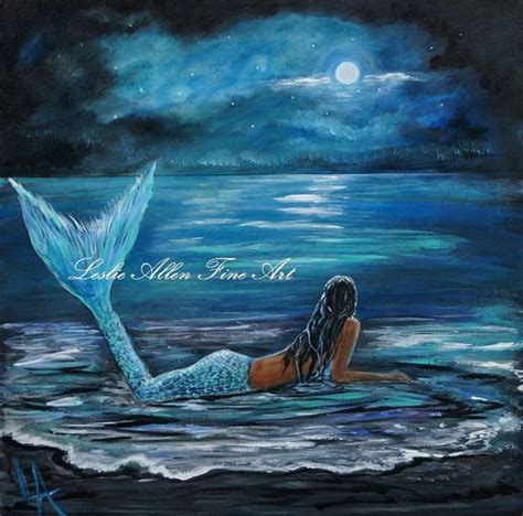 Mermaid Painting Original Canvas Beach Shore Mermaids Moon Stars