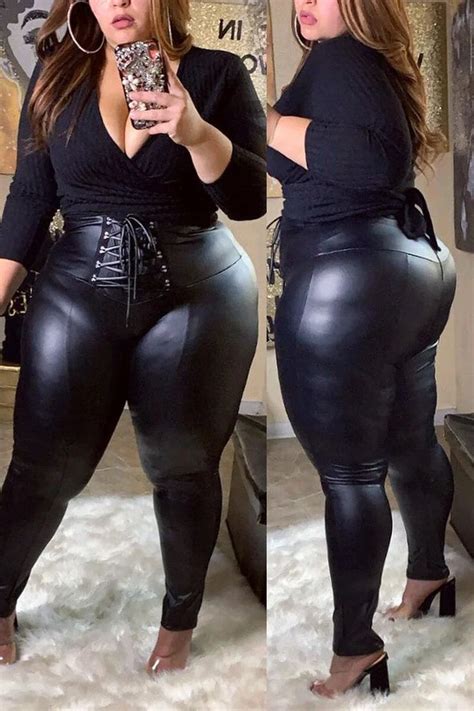 Xpluswear Plus Size Black Pu Leather Bandage Leggings Plus Size Leather Pants Fashion Plus Size