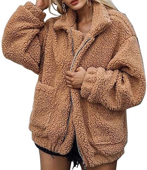 Women Fuzzy Fleece Jacket Winter Casual Faux Fur Coat Zip Up Shearling