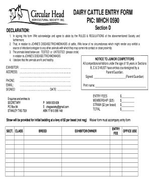 Fillable Online Dairy Cattle Entry Form Pic Mhch Circular Head