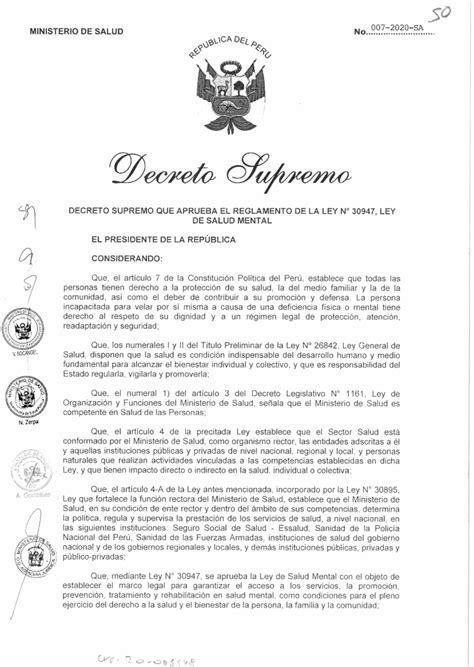 Decreto supremo 007 2020 SA reglamento Salud mental Psicología