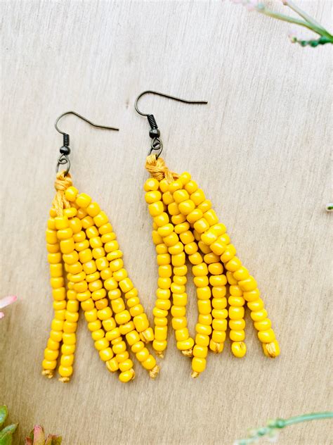 Mustard Yellow Seed Bead Tassel Earrings Beaded Fringe Etsy