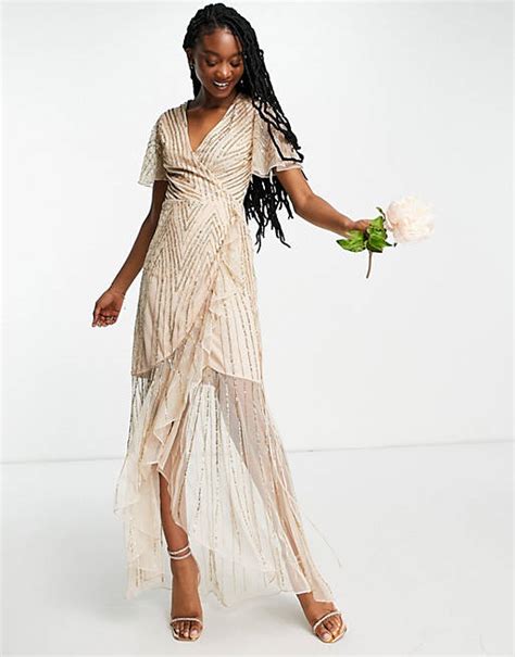 Frock And Frill Bridesmaids Embellished Wrap Maxi Dress In Pearl Pink