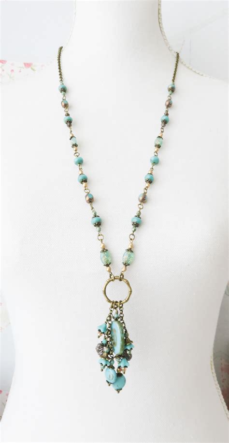 Long Boho Necklace Blue Bohemian Necklace Turquoise Blue Etsy Long