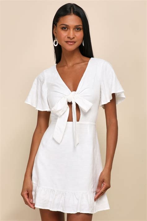 White Cutout Dress Tie Front Mini Dress Ruffled Mini Dress Lulus