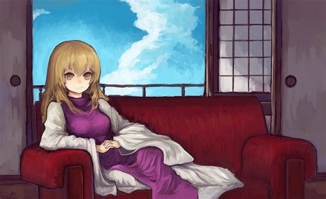 Safebooru 1girl Bangs Blonde Hair Blue Sky Breasts Chair Commentary