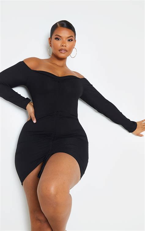 Plus Black Rib Long Sleeve Bardot Bodycon Dress Plus Size Prettylittlething Usa