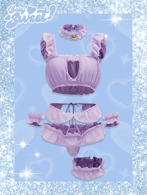 Kawaii Pack Solid Cut Out Frill Lingerie Set Shein Usa