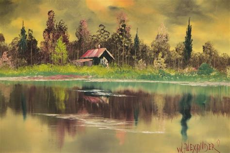 Bill Alexander Oil Painting of Lakeside Cabin, Late 20th Century | EBTH