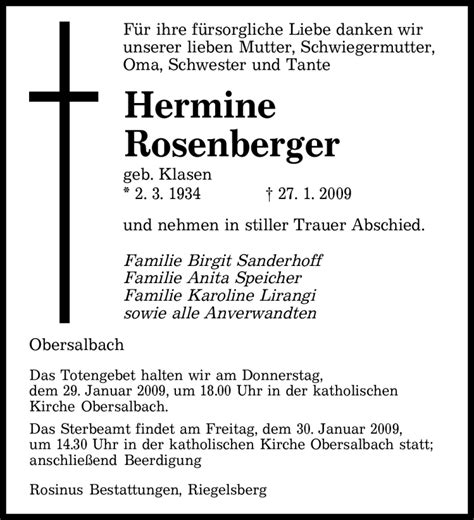 Traueranzeigen Von Hermine Rosenberger Saarbruecker Zeitung Trauer De