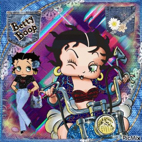 The Cartoon Character Betty Boop Is Riding On A Motorcycle With Another Girl Behind Her