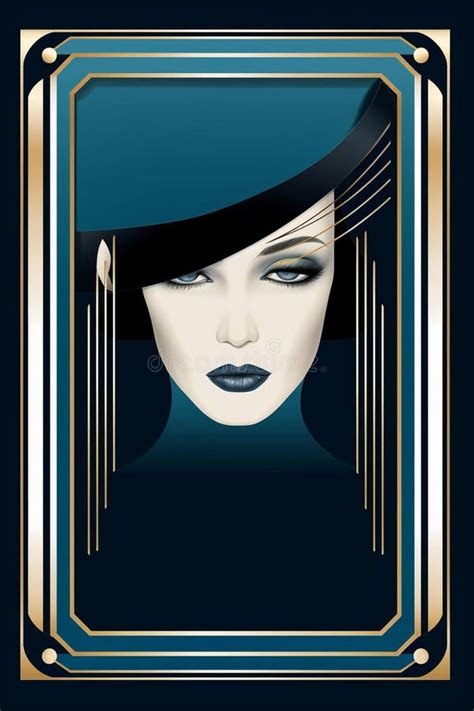 The Art Deco Woman Is Wearing A Blue Dress And Hat Stock Illustration