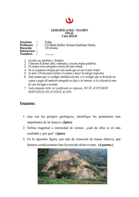 Examen Final de Geologia UPC CI24 2023 1 GEOLOGÍA CI62 EXAMEN